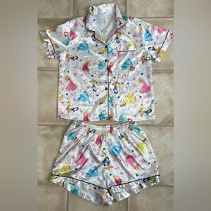 Women’s White Pink Satiny Disney Princess Short Sleeve / Shorts Pajama Set; XL